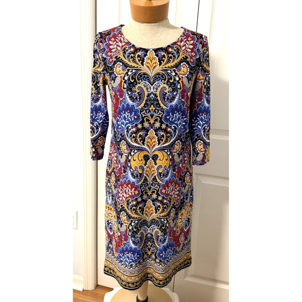 Talbots Jersey Paisley Shift Dress Business Casual Multicolor Size S Petite EUC - Picture 2 of 11